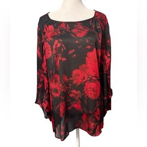 AB Studio Women’s red & black sheer floral print top Size XL EUC